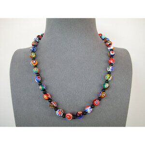 Millefiori Glass Bead Necklace With Black Spacer Beads 16 Inches Long
